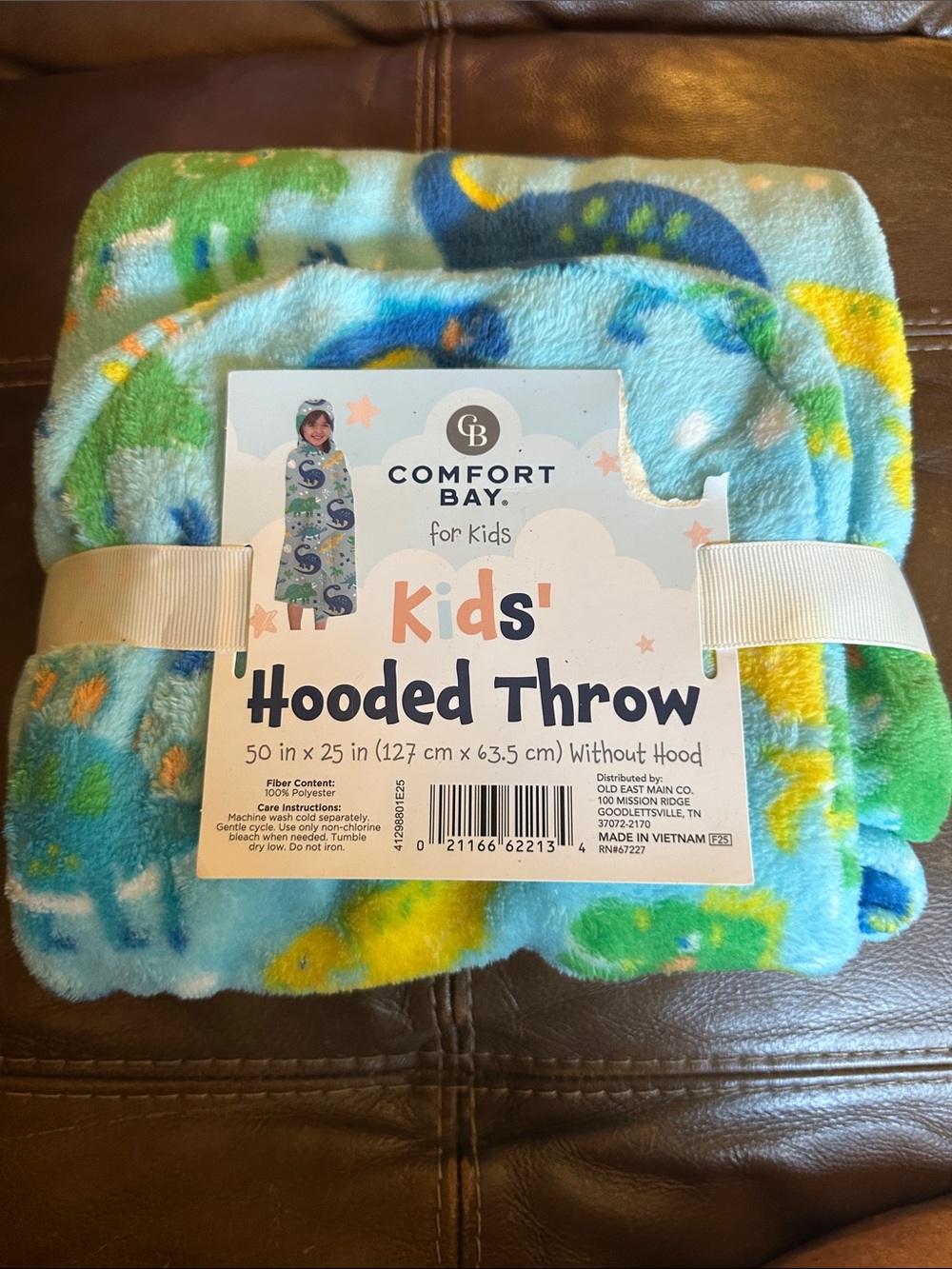 Comfort Bay Kids Hooded Throw - Blue, Green & Yellow Dinosaur Design - Picture 1 of 2